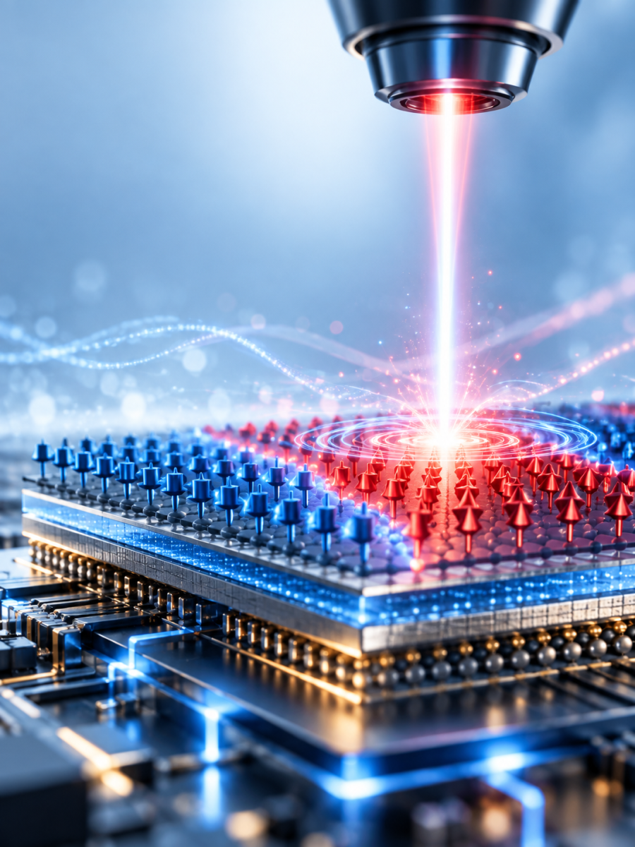 „Lézersugár által vezérelt optikai mágneses memória szemléltetése, piros és kék mágneses spinállapotokkal egy mikrochip felületén.”