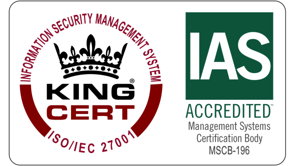 KING CERT ISO/IEC 27001 információbiztonsági tanúsítási jel és IAS akkreditációs jel.